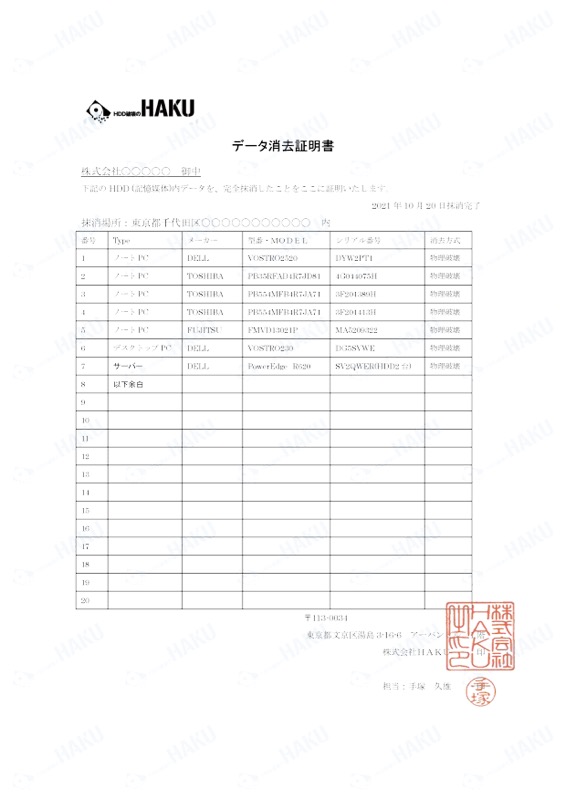 物理破壊証明書（一覧）のサンプル（株式会社HAKU）