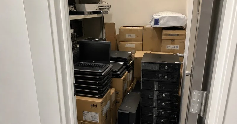 社内倉庫に積み上げられた廃棄待ちの使用済みPC・ノートパソコン